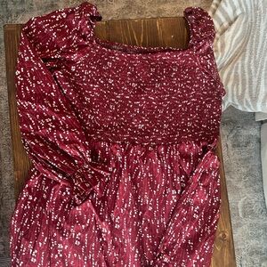 Red Floral Square Neck Smocked Dress